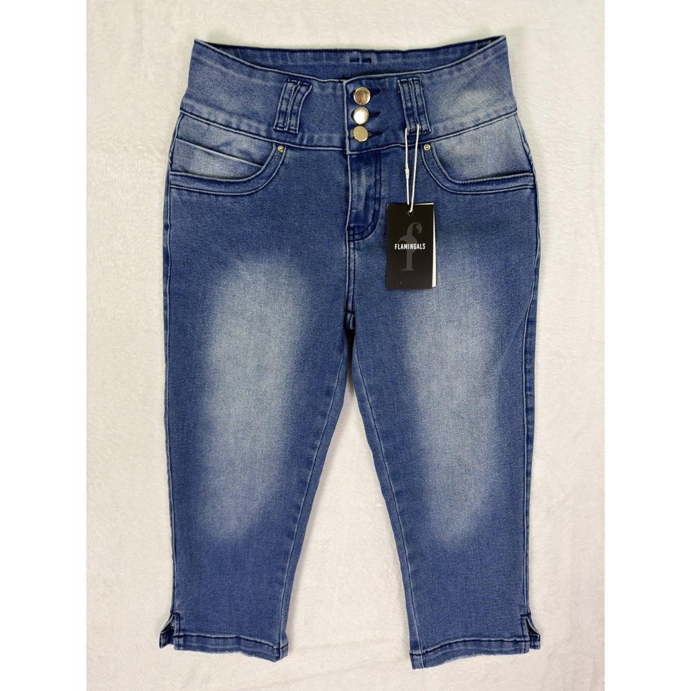 New Flamingals Jeans Womens XS Blue Medium Wash High Rise Capri Skinny Stretch‎